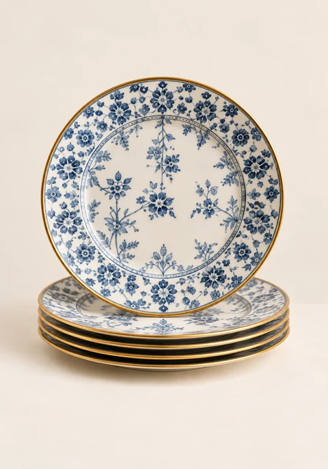 Category inspiration: Blue floral plates with gold rims