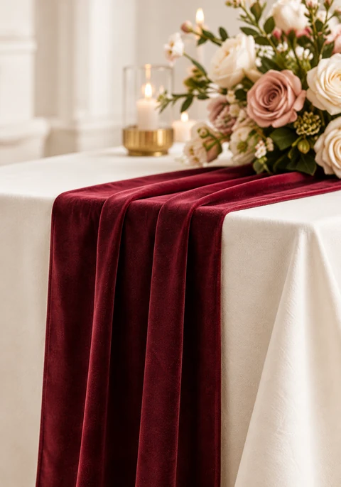Category inspiration: Burgundy runner on an ivory event table