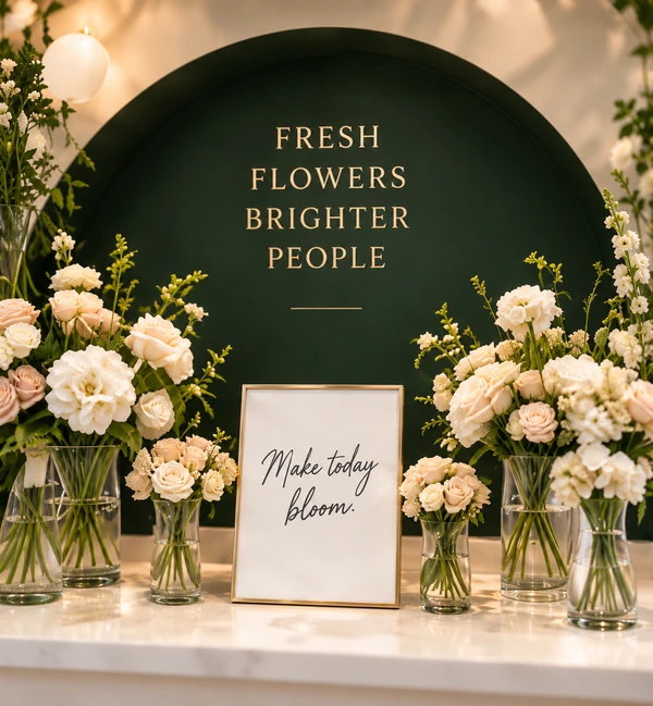 Styling concept of a forest-green bloom bar with ivory flowers