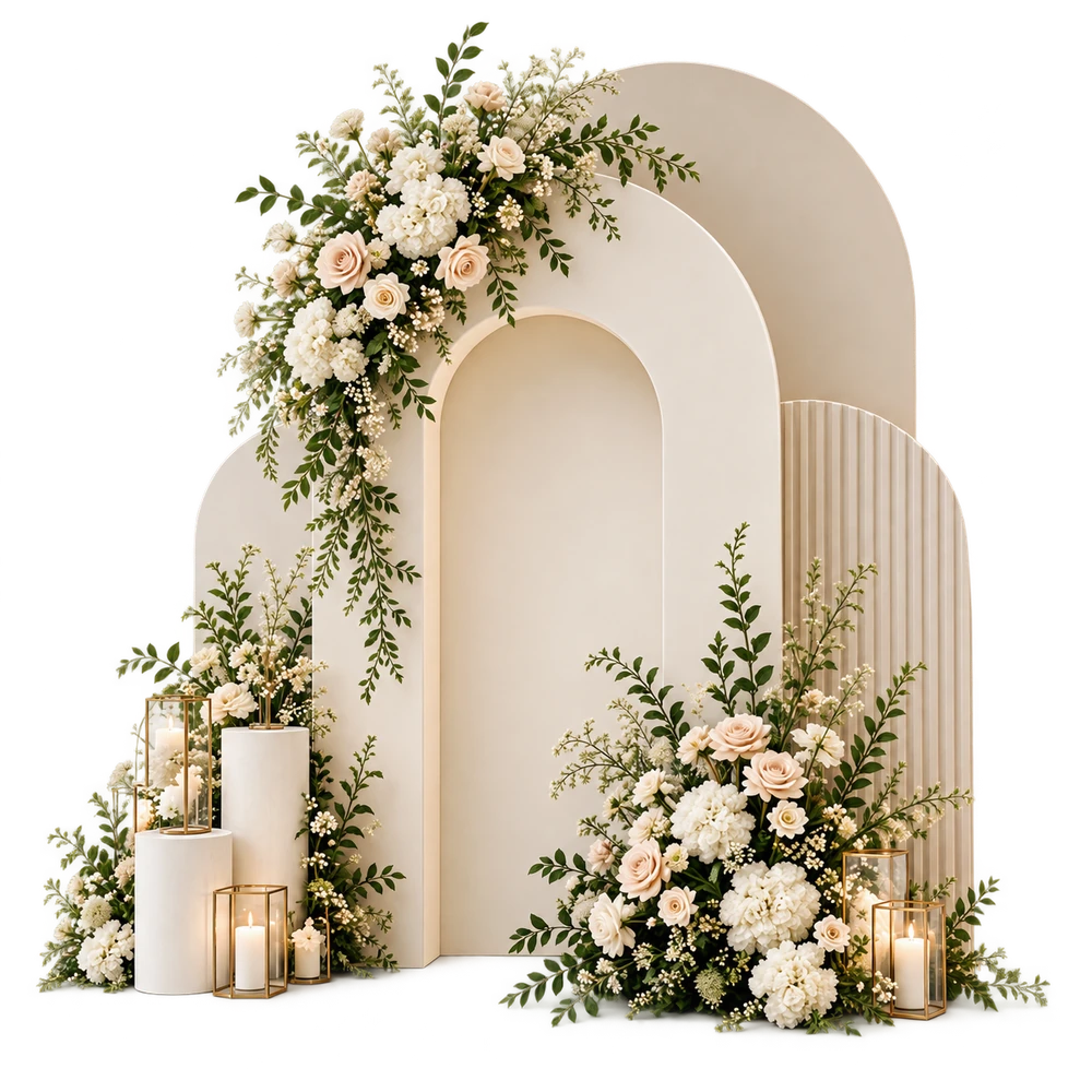 Styling concept of ivory arches with flowers and candle lanterns