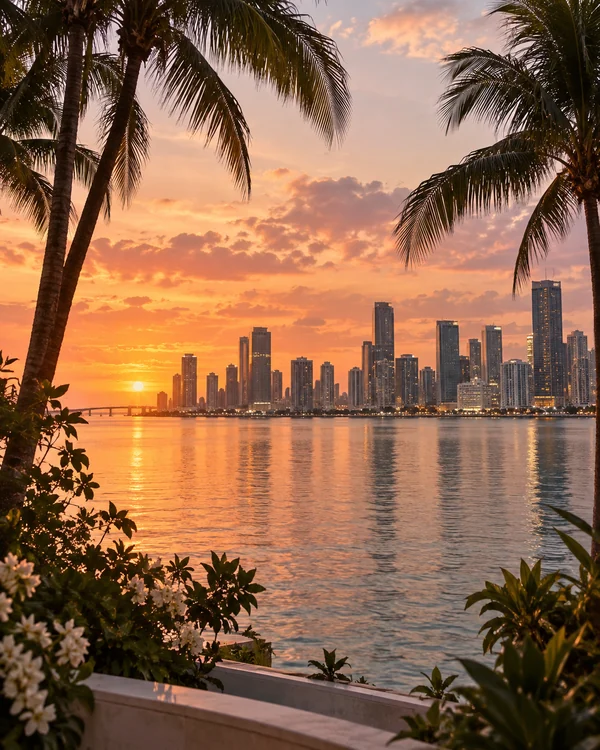 Generated editorial view of Miami palms and waterfront at sunset
