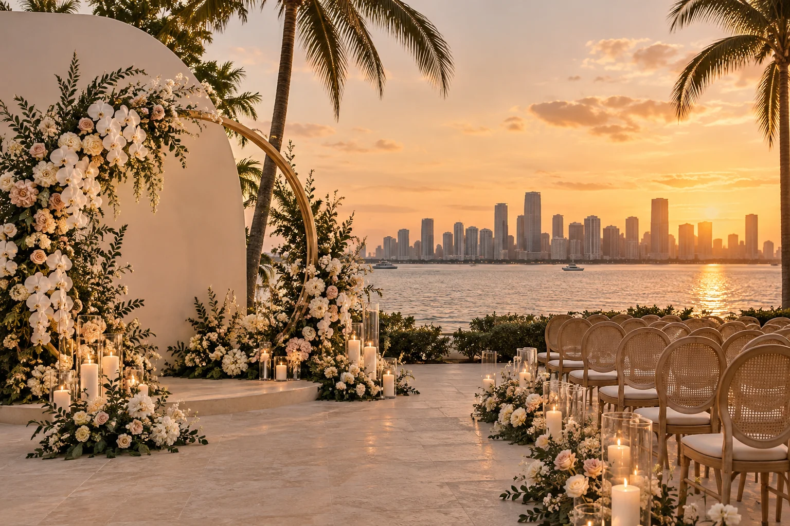 Generated editorial scene of an outdoor wedding altar with a floral circle, candles and Miami waterfront at sunset